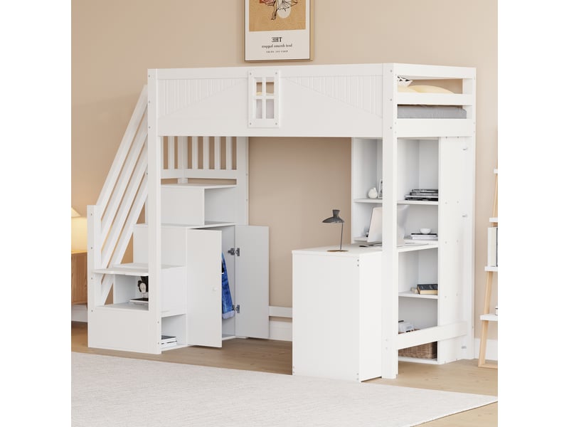  Lit mezzanine en bois massif 90 x 200 cm blanc, bureau, tiroirs et rangements intégrés, échelle de sécurité réversible  - Conforama C