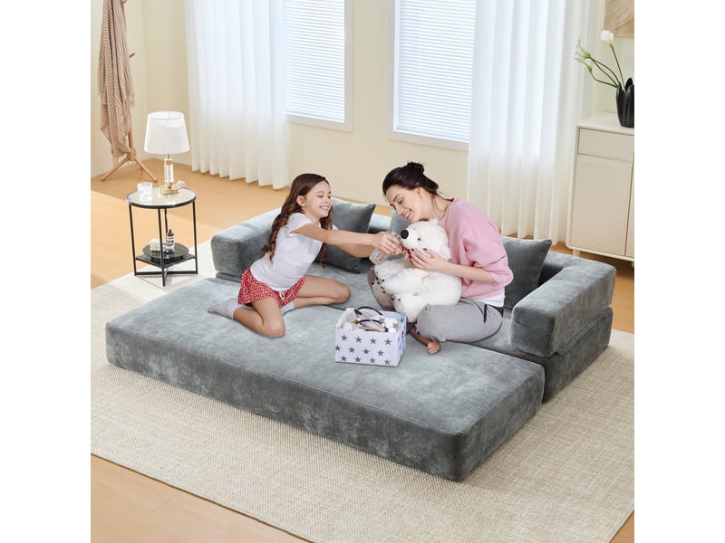 Canapé-lit convertible compressée modulable 3 places,198x79x60cm,avec poches latérales et base anti-glisse,chenille,gris foncé - Conforama W