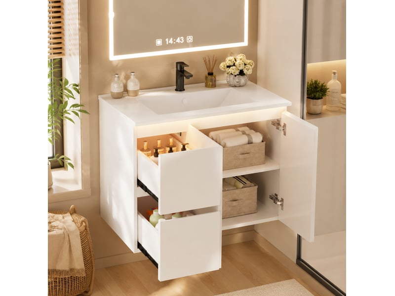  Meuble vasque suspendu 76x47x57 cm avec led à capteur coloris blanc  - Conforama E