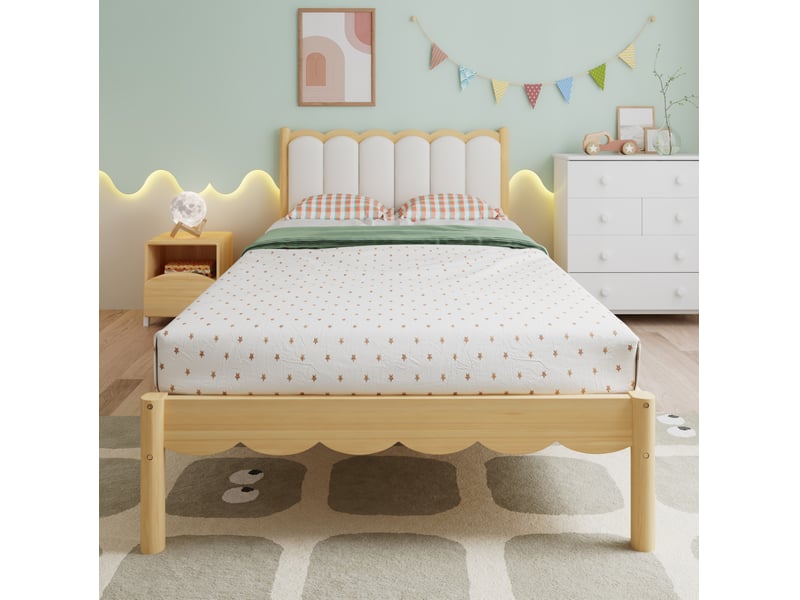  Lit enfant 90x200 cm avec tête de lit rembourrée en pu beige et bois naturel  - Conforama D