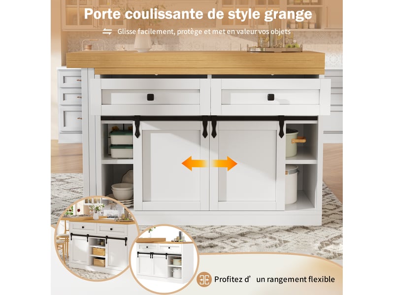  Îlot de cuisine pivotant 120-197x40x72 cm, portes coulissantes style grange, 2 tiroirs, mdf et métal, couleur blanc  - Conforama E