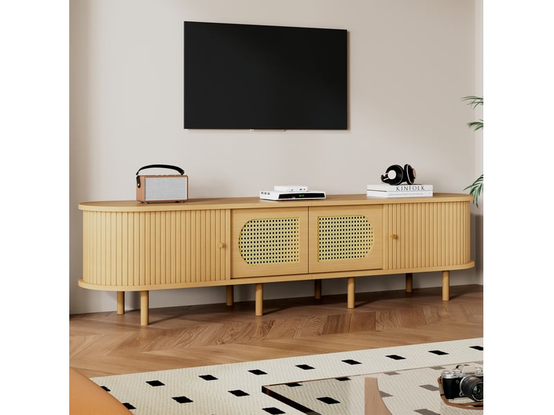  Meuble tv 180 x 40 x 40 cm en mdf naturel – style rotin – pour écran jusqu’à 75 pouces et salon ordonné  - Conforama B