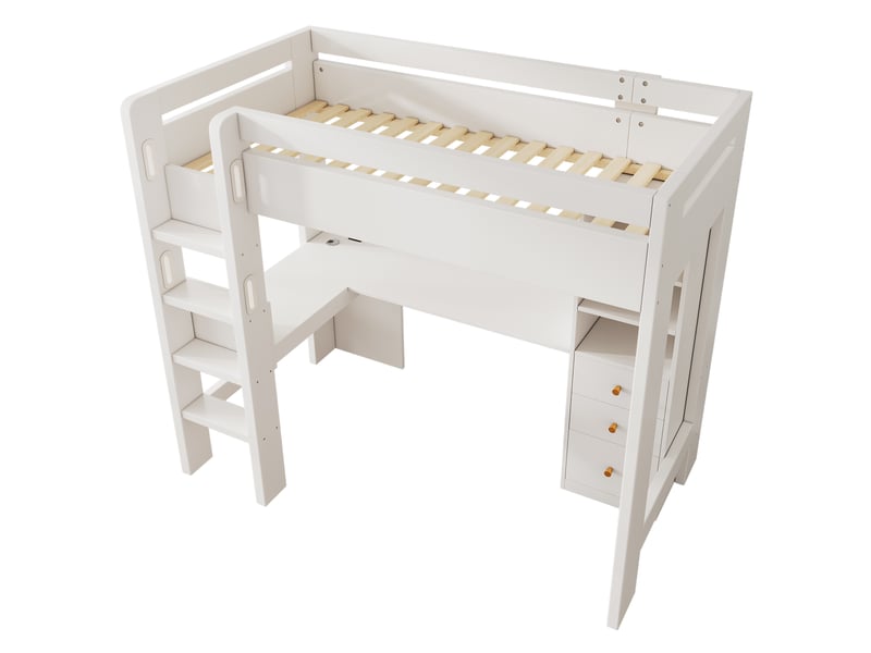 Lit mezzanine 90 × 200 cm 1 place avec bureau d'angle, 3 étagères, 3 tiroirs, usb et type-c, sans matelas, blanc - Conforama A