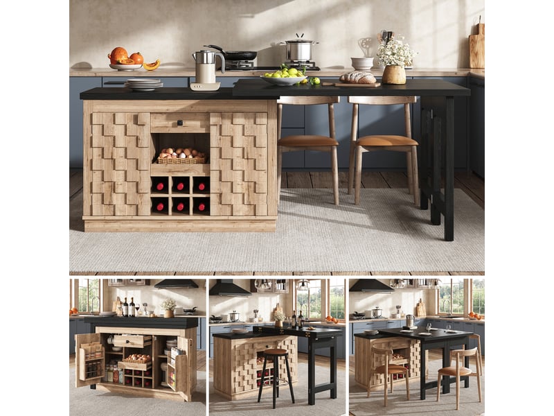  Îlot de cuisine extensible, 120 × 40 × 74,2 cm, 2 portes et 2 tiroirs, mdf, naturel, plateau extensible de 120 à 197 cm  - Conforama B