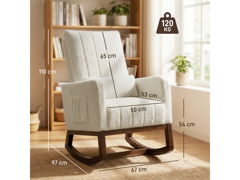  Fauteuil à bascule, rocking chair en flanelle neige rembourré, coussin lombaire, dossier haut, poches latérales, crème  - Conforama E