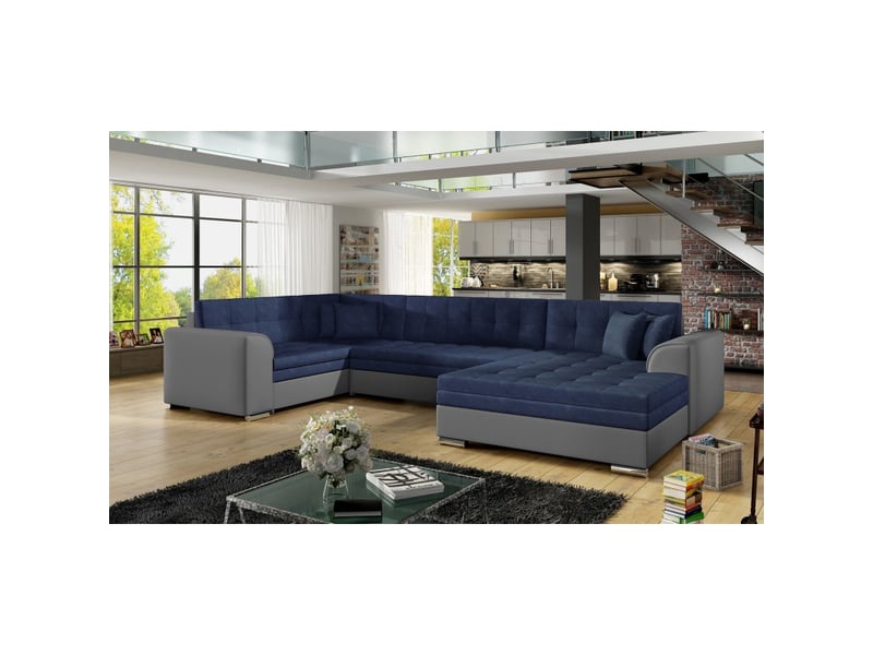 Canapé panoramique convertible caldero 5 places bleu marine et gris – angle droit - Conforama E