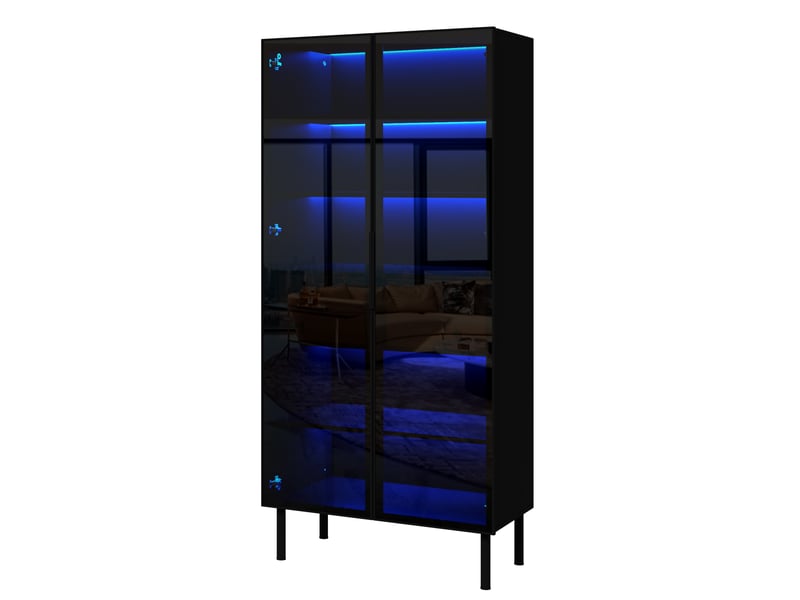  Vitrine d'exposition - 70x36x170cm - vitrine de salon avec led, vaisselier 2 portes en verre, 2 tiroirs &amp; étagères - noir &amp; chêne  - Conforama A