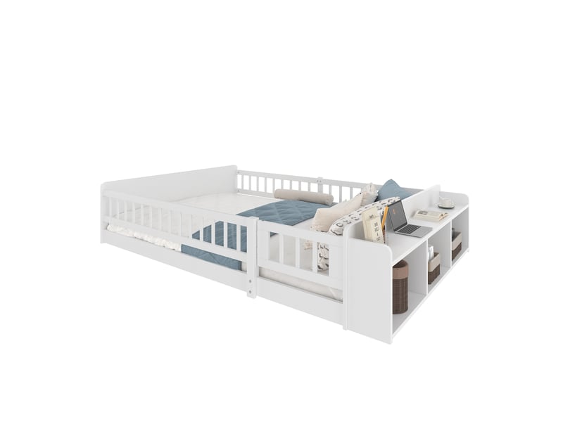  Lit enfant 140x200 cm blanc en pin avec rangements ouverts et portillon  - Conforama A