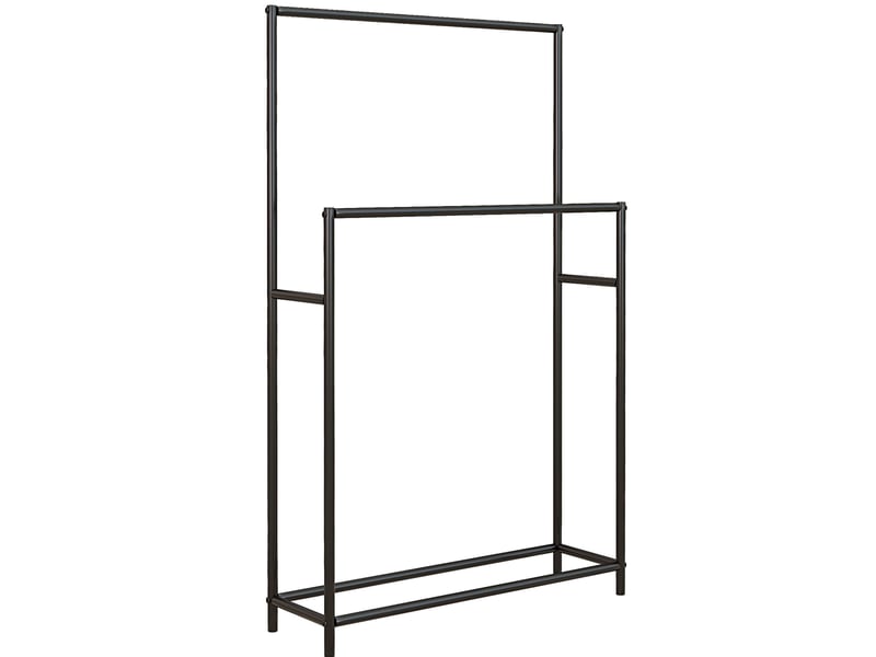  Porte-serviettes sur pied noir en métal à 2 barres décalées, 66 × 20 × 110 cm, pour sécher vos serviettes  - Conforama A