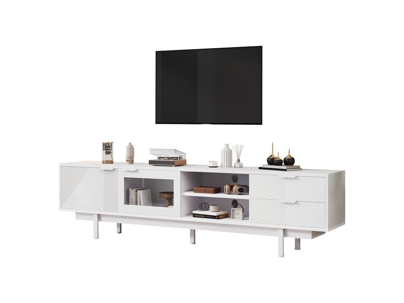  Meuble tv 200 cm blanc moderne pour 80 pouces avec 2 portes et 2 tiroirs  - Conforama A