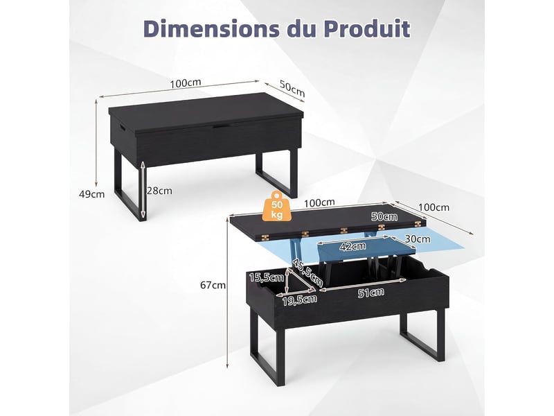 Table basse relevable 3 en 1, table d'appoint extensible avec compartiments de rangement cachés, pieds métalliques, meuble d'appoint (noir) - Conforama D