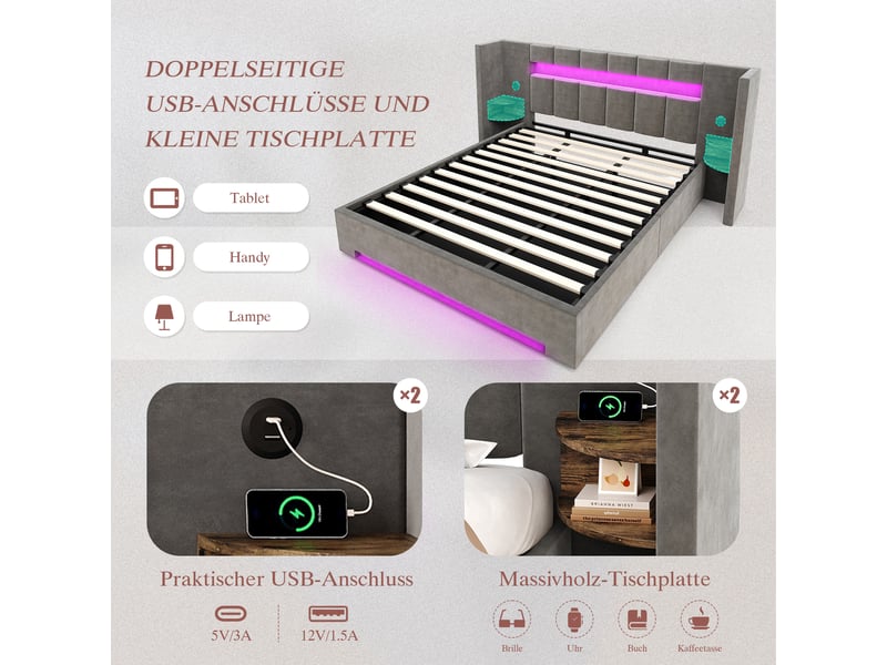 Lit coffre 180x200 cm, lit double, rangement hydraulique, armoire, led, port usb, velours gris foncé - Conforama W
