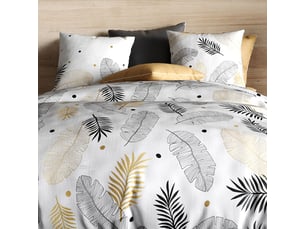 Parure housse de couette 240x220cm + 2 taies motif feuillage blanc, noir et or 100% coton - volkia