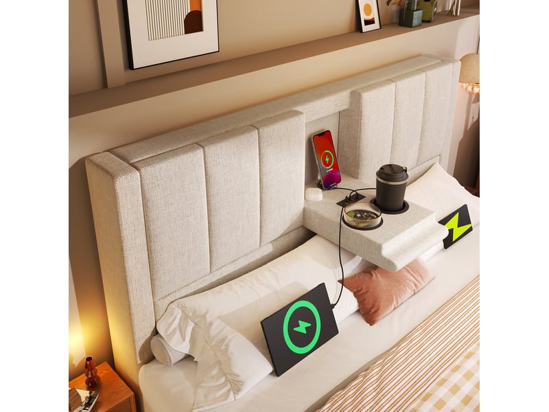  Lit double avec coffre, 140x200 cm, charge, avec porte gobelet dissimulé, sommier inclus, bois et métal, coloris beige  - Conforama E