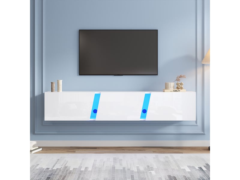  Meuble tv mural suspendu 180 cm pour tv 75 pouces, blanc brillant avec led  - Conforama C