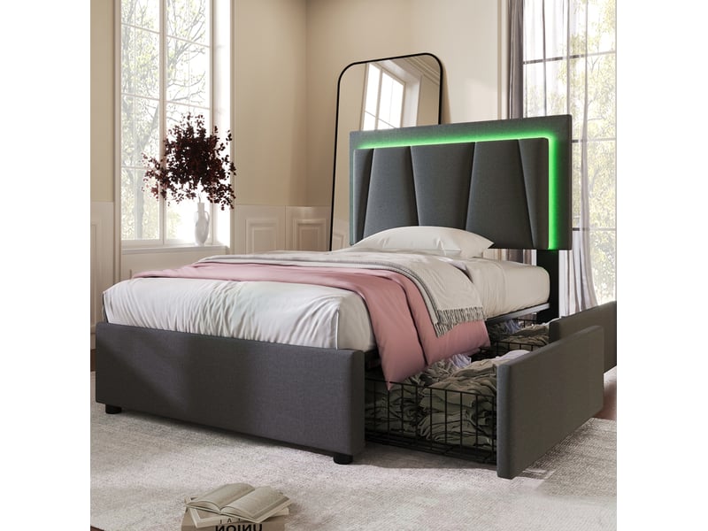  Lit rembourré 90 × 200 cm 1 place avec led, 2 tiroirs, tête réglable et matelas inclus, gris  - Conforama C