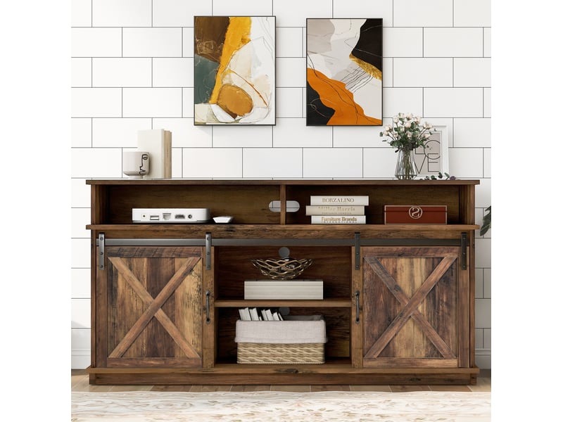  Meuble tv modenvie 148 x 40 x 78 cm à portes coulissantes en panneau de particules marron rustique  - Conforama B
