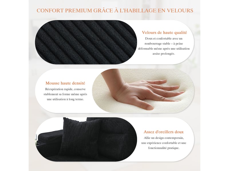  Canapé d'angle convertible 4 places en velours côtelé noir 272x136x86 cm avec rangement, usb-c et porte-gobelets 272x136x86cm - Conforama D