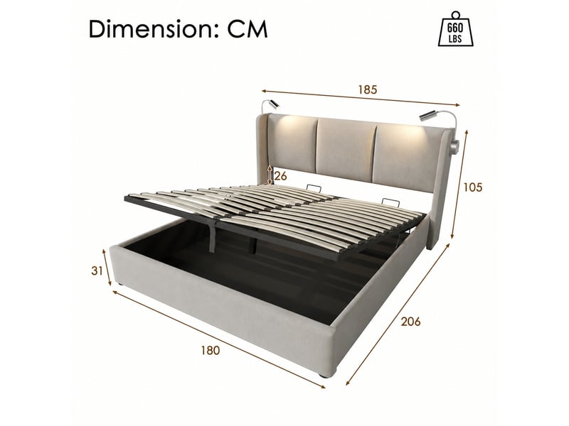  Lit coffre 180x200 beige en lin, sommier relevable, liseuses led et 2 ports usb  - Conforama C