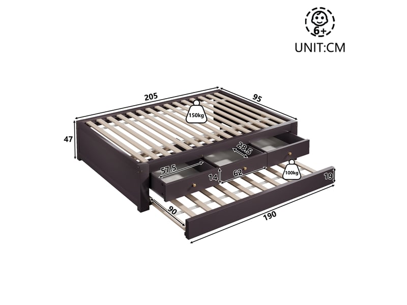 Lit double 90x200 cm - avec lit gigogne 90x190 cm et 3 tiroirs - sommier à lattes - mdf+pin - marron (sans matelas) - Conforama C