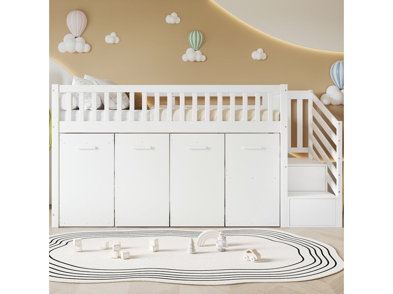  Lit mezzanine 90x200 cm - lit enfant multifonction avec bureau, armoire et escalier intégré - barrière de sécurité incluse - sans matelas - mdf - blanc  - Conforama D