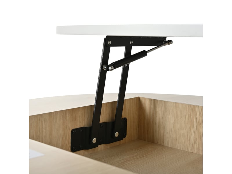  Table basse ronde gigogne avec plateau relevable et tiroir, structure métallique dorée, pour salon, blanc et bois  - Conforama E