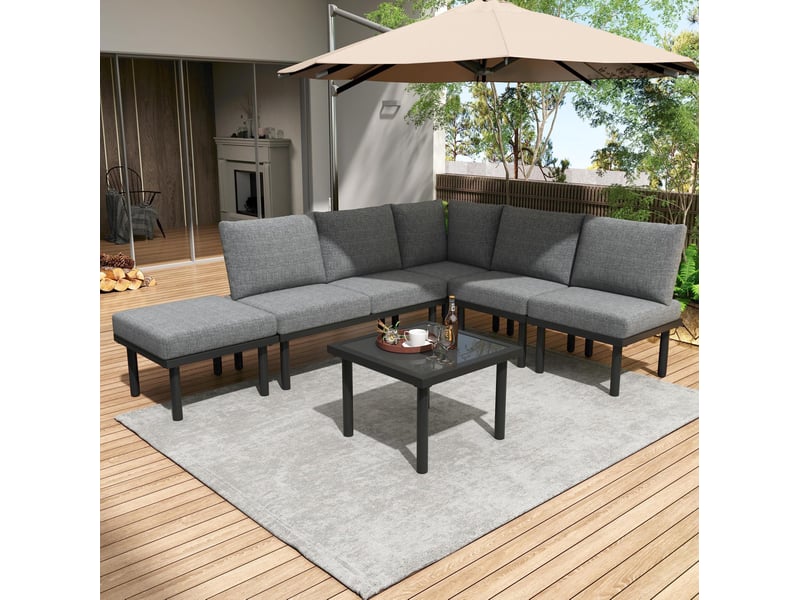 Ensemble détente extérieur 6 pièces avec table basse et coussins en olefin gris - Conforama C