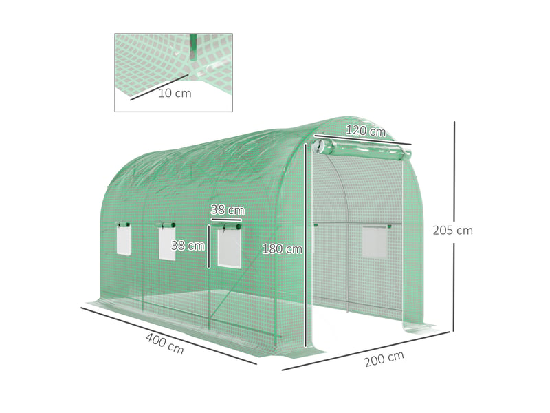  Serre de jardin tunnel surface sol 8 m² 4l x 2l x 2,05h m châssis tubulaire porte zippée 6 fenêtres enroulables vert  - Conforama E