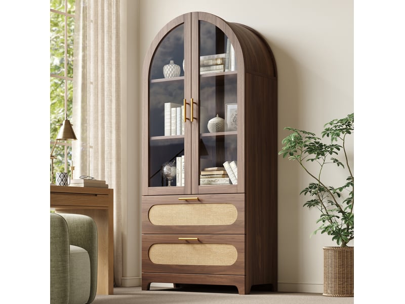 Vitrine 80x40x175 cm, portes en verre, 2 tiroirs, style rétro, poignées dorées, intérieur, pour bureau, en mdf, noyer  - Conforama D