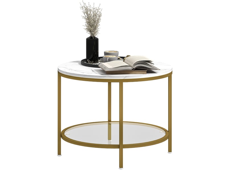  Table basse salon ronde moderne à 2 niveaux plateau effet marbre et étagère en verre trempé, ø 60 x 45 cm, blanc et doré  - Conforama B