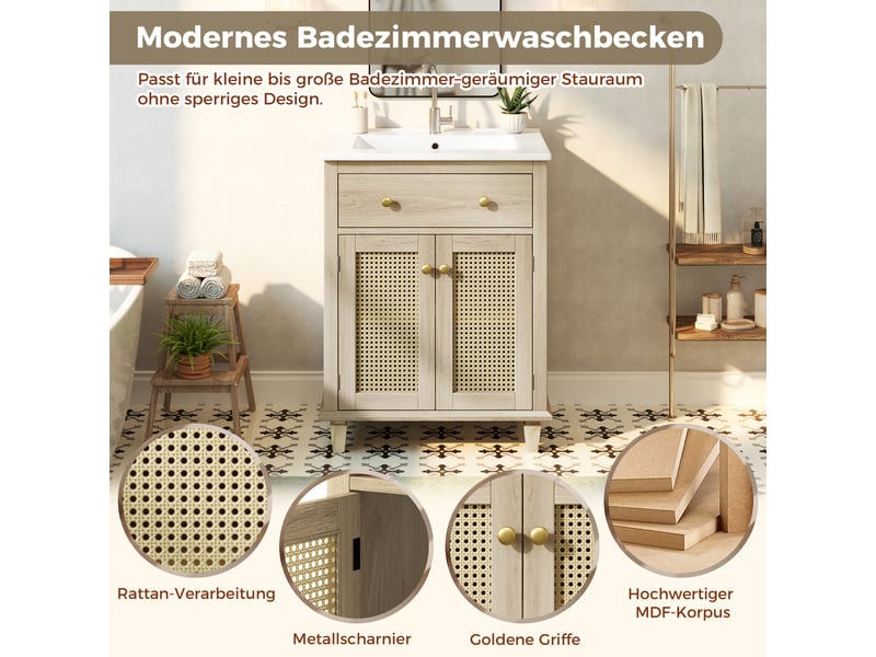  Meuble salle de bain 61 cm meuble sous vasque rotin bois naturel  - Conforama D