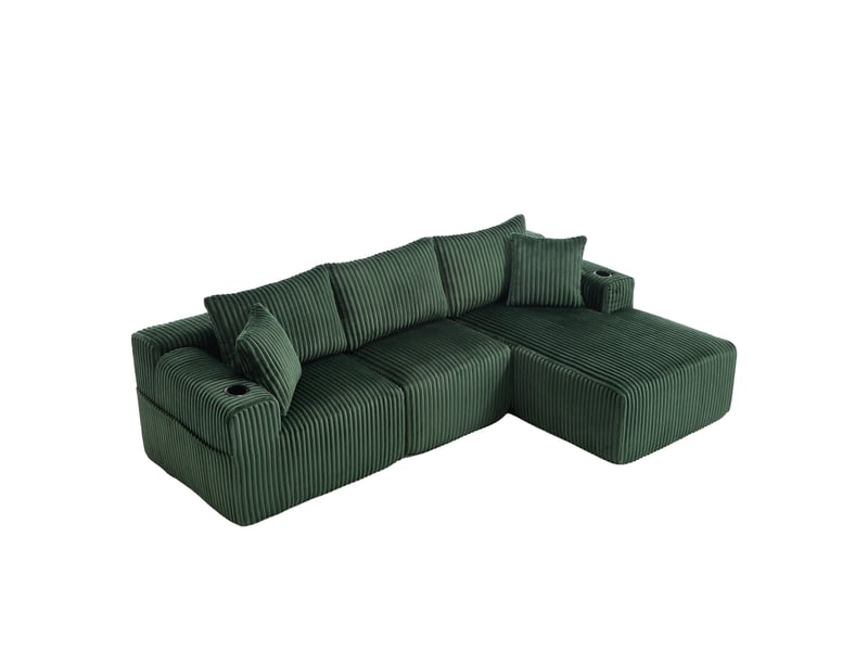  Canapé modulaire avec méridienne en velours côtelé doux 257 x 160 cm 5 coussins et porte-gobelets  - Conforama A