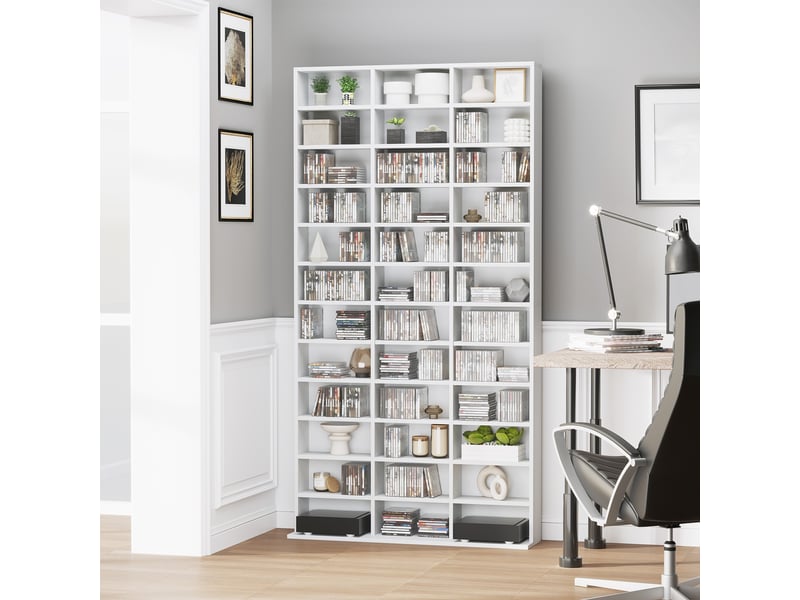  Bibliothèque cd en bois à 3 colonnes et 12 étagères réglables, 102 x 23,5 x 195 cm, blanche  - Conforama D