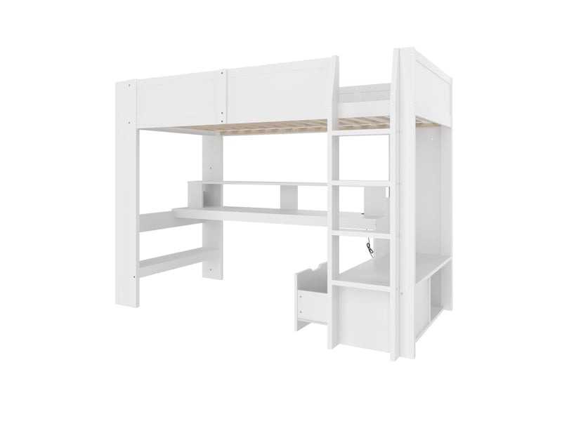  Lit mezzanine, 90 × 200 cm, blanc, tiroirs, gaming, bureau, led, étagères, sans matelas, pin et mdf, led 16 couleurs  - Conforama A