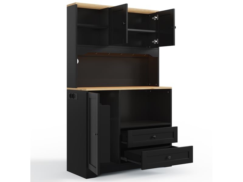  Meuble de cuisine muvano noir, buffet haut de 163 cm avec led, prises et niche micro-ondes  - Conforama A