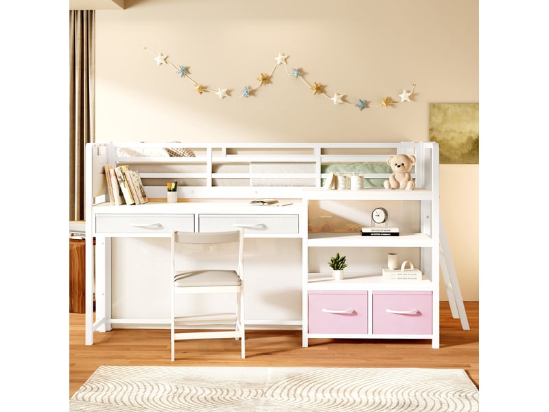 Lit mezzanine enfant 90 x 200 cm blanc en métal et mdf, bureau, rangements, rideau et éclairage led - Conforama B