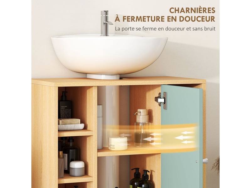 Meuble sous lavabo, meuble de salle de bain avec 6 étagères ouvertes et porte à amortie fermeture 60 x 33 x 57 cm, vert - Conforama R