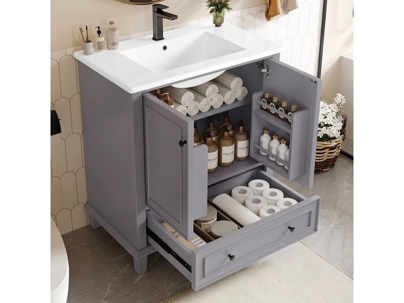  Meuble salle de bain gris 76x46x87cm meuble vasque sur pied avec pieds en bois massif  - Conforama B
