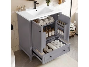 Meuble salle de bain gris 76x46x87cm meuble vasque sur pied avec pieds en bois massif