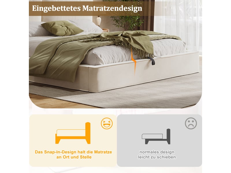  Lit rembourré 180x200 cm - lit double coffre hydraulique, sommier à lattes, tête de lit rembourrée épaisse 13 cm, tissu velours beige  - Conforama E