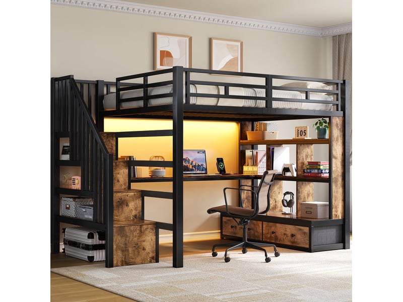  Lit mezzanine 140x200 cm noir en métal et mdf avec bureau, rangements et led  - Conforama E