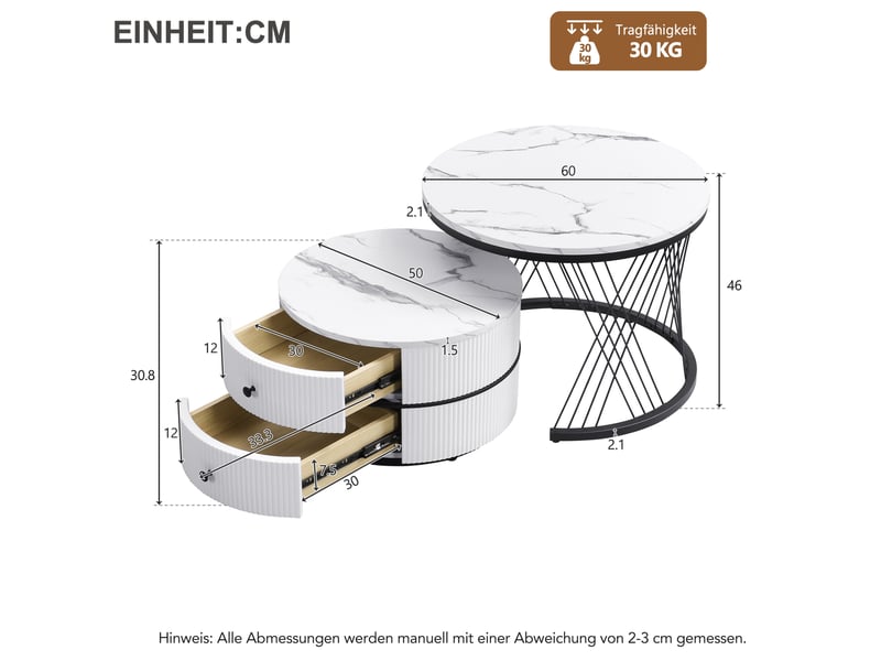  Tables basses gigognes ulevr rondes 60 x 46 et 50 x 31 cm, 2 tiroirs, plateaux mdf effet marbre blanc brillant  - Conforama C