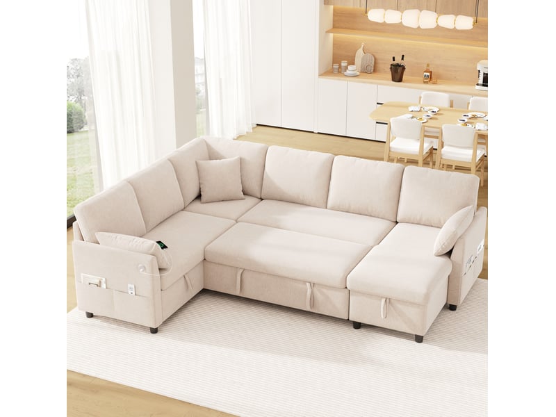 Canapé d’angle modulable 6 places 255x196x85 cm convertible avec coffre en métal et bois couleur beige, design moderne - Conforama D