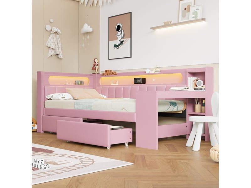  Lit de jour rembourré 90 x 200 cm avec led, usb, bureau et 2 tiroirs rose  - Conforama E