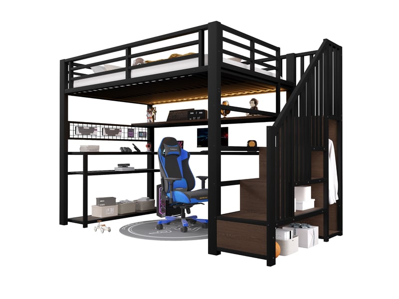 Lit mezzanine gaming 90x200 cm, bureau, armoire, escalier de rangement, étagères et led rgb, métal et mdf, noir - Conforama A