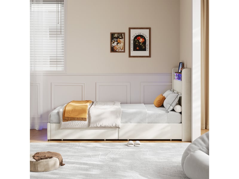  Lit 1 place 90x200 cm avec 4 tiroirs,lit simple avec led et chargeur usb-c, lit jeune, sommier, beige lin, sans matelas  - Conforama R