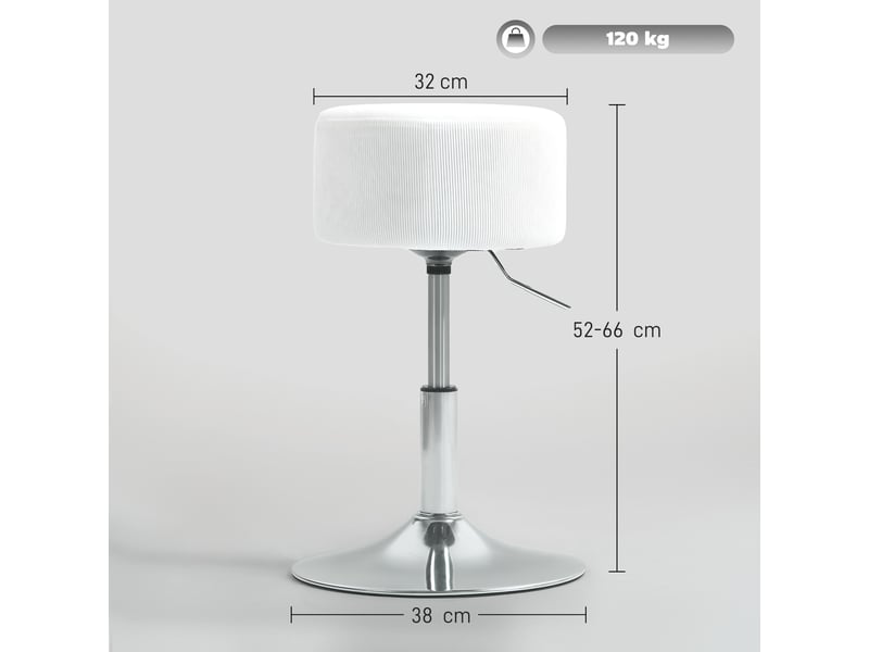  Tabouret de cuisine réglable en hauteur 52-66 cm, revêtu de velours, pivotant à 360°, blanc  - Conforama E