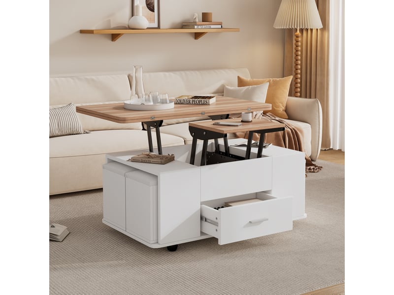  Table basse relevable 100x50x45 cm avec 4 tabourets et tiroir en panneaux de particules blanc naturel  - Conforama D