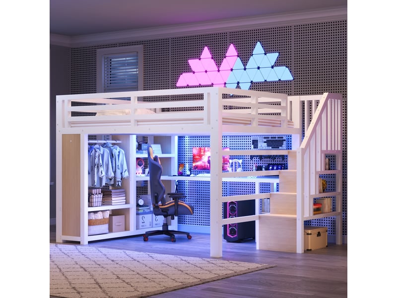  Lit mezzanine gaming en métal 160x200 cm, lit double led usb avec bureau, penderie ouverte, escalier rangement, blanc et naturel  - Conforama B