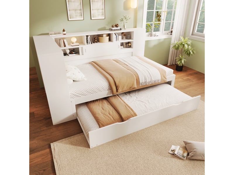  Lit de jour, lit enfant 90x200 + 90x190 cm, canapé-lit, lit gigogne, tête de lit avec rangement, usb, sans matelas, blanc  - Conforama R